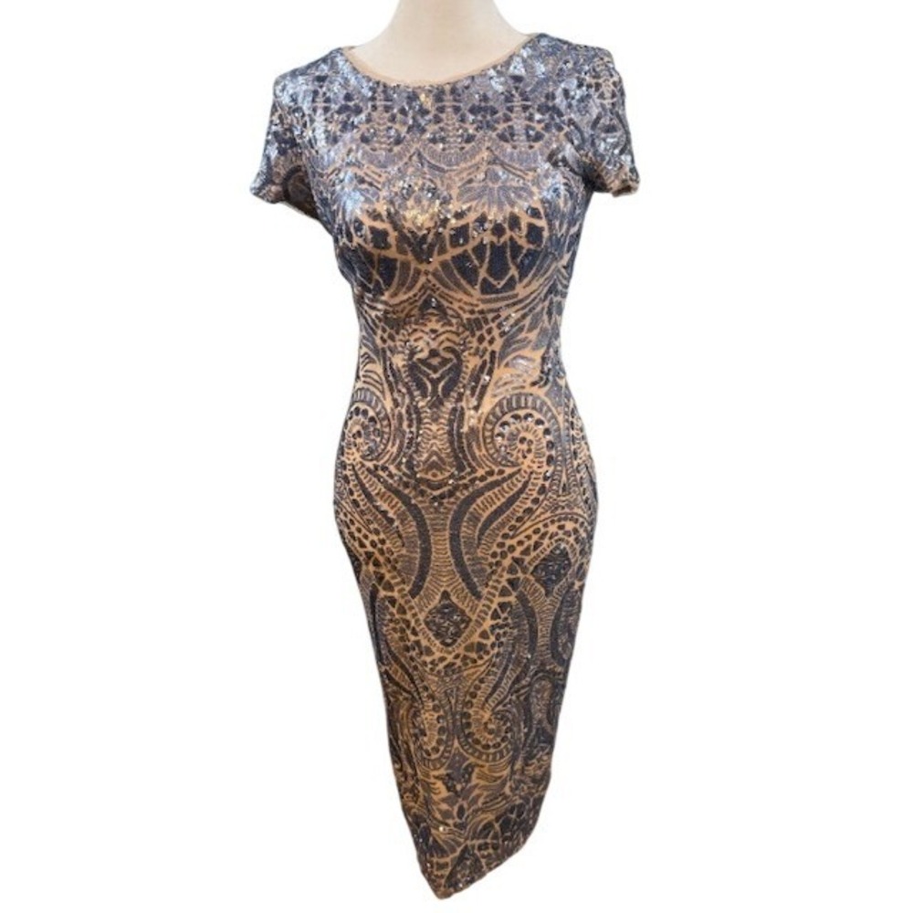 Betsey & Adam Navy Blue Tan Gold Sequin Damask Bodycon‎ Midi Dress Size 6